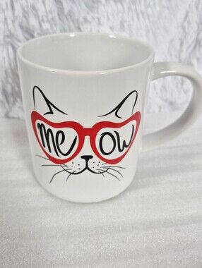 5/$25 MEOW Cat Mug Cat Heart Shaped Glasses Manna Both Sides Print